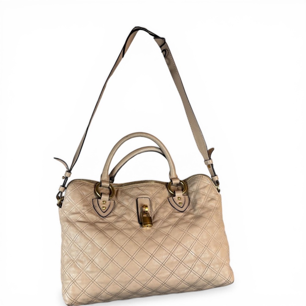 Marc Jacobs Quilted Leather Satchel Beige Nude Gold Hardware Padlock Handbag